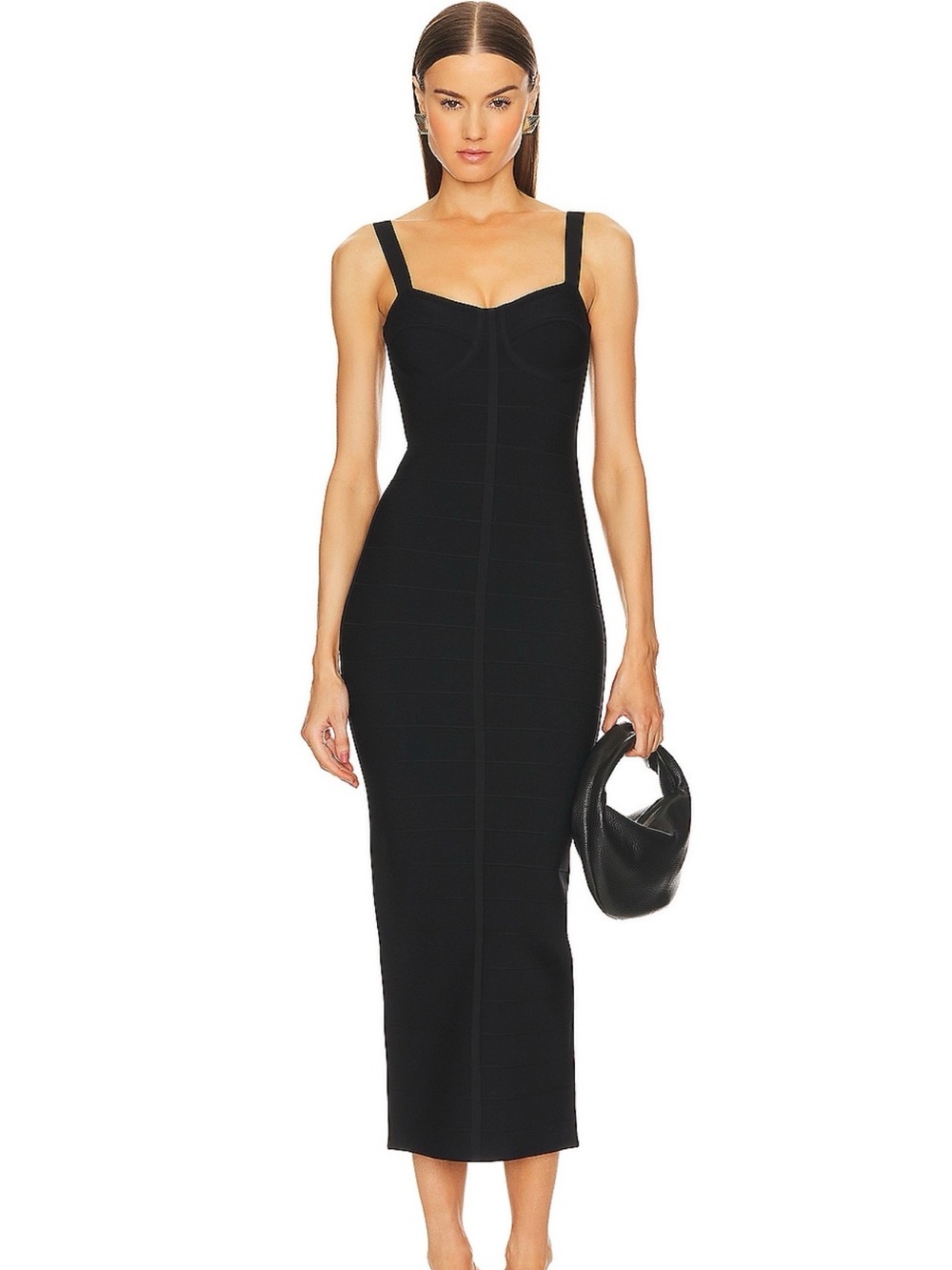 Classic Black Midi Bodycon Dress with Square Bust
